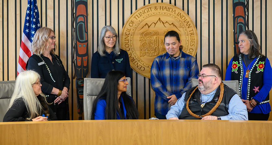 University of Alaska Southeast Chancellor Aparna Palmer and Chalyee Éesh Richard Peterson, president of the Central Council of the Tlingit and Haida Indian Tribes of Alaska, speak about the School of Indigenous Studies and the significance of their partnership on Friday, March 27, 2026. (Jasz Garrett / Juneau Independent)