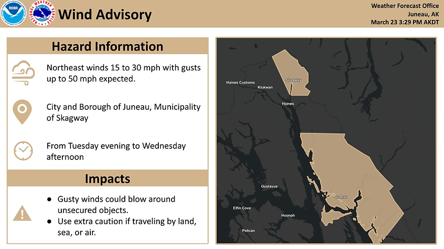 A wind advisory is in effect for Juneau and Skagway through Wednesday afternoon. (National Weather Service Juneau)